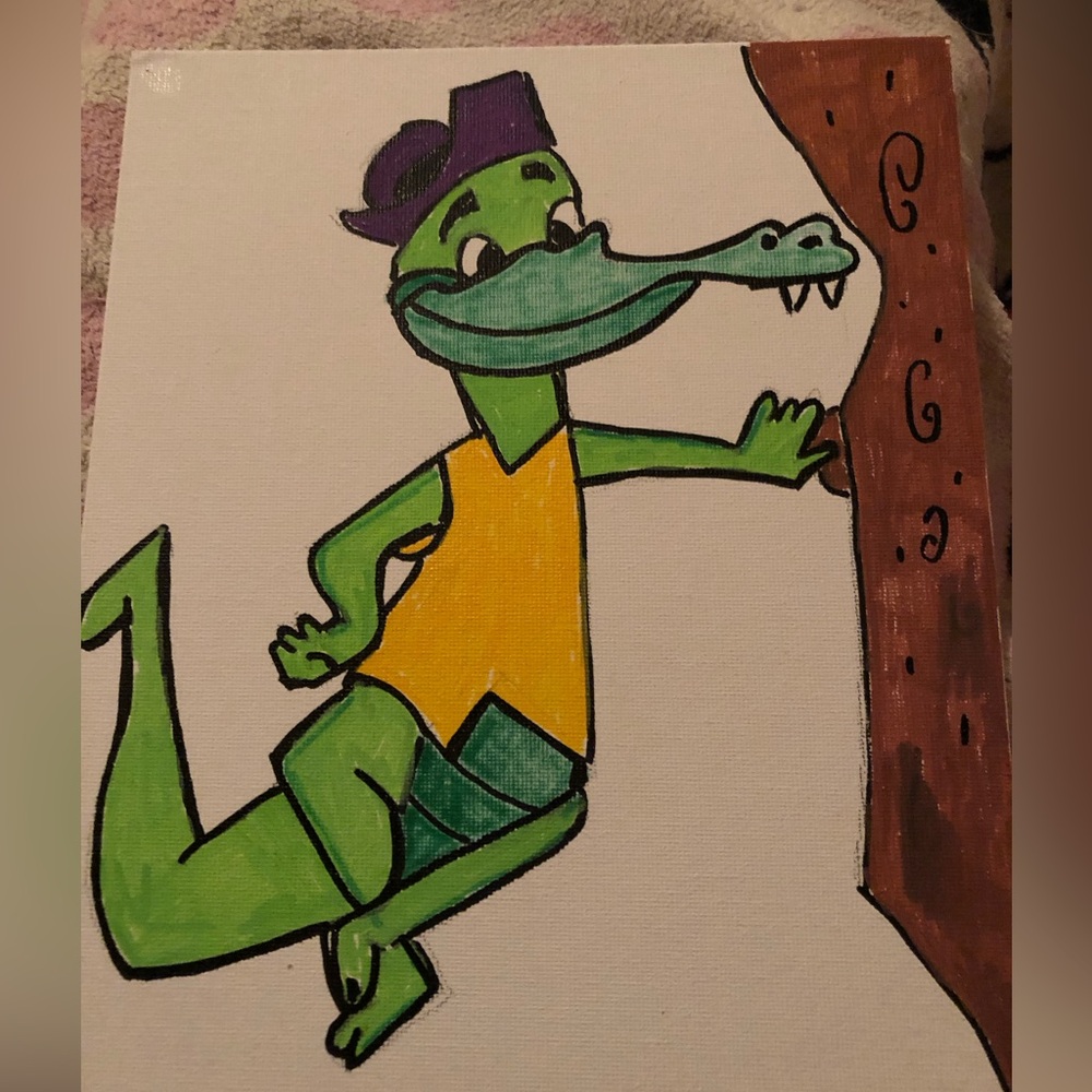Green and Yellow Cartoon Reptile Canvas Art